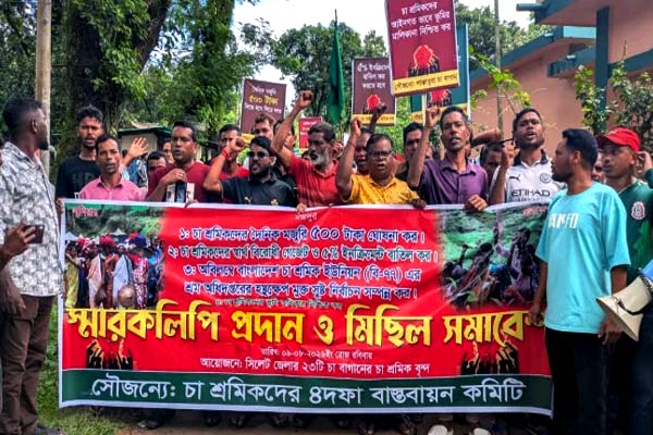 সিলেটে চার দফা দাবিতে চা শ্রমিকদের মিছিল, ১৫ দিনের আল্টিমেটাম