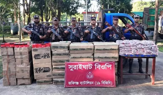 সিলেট সীমান্তে ৪২ লাখ টাকার ভারতীয় চকলেট, মদ ও গরু জব্দ