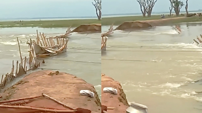 তাহিরপুরে পাহাড়ি ঢলে ভেঙে গেছে নজরখালী বাঁধ