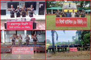 সিলেট সীমান্তে বিজিবির অভিযানে ১ কোটি ৬৮ লাখ টাকার চোরাই পণ্য জব্দ, আটক ২